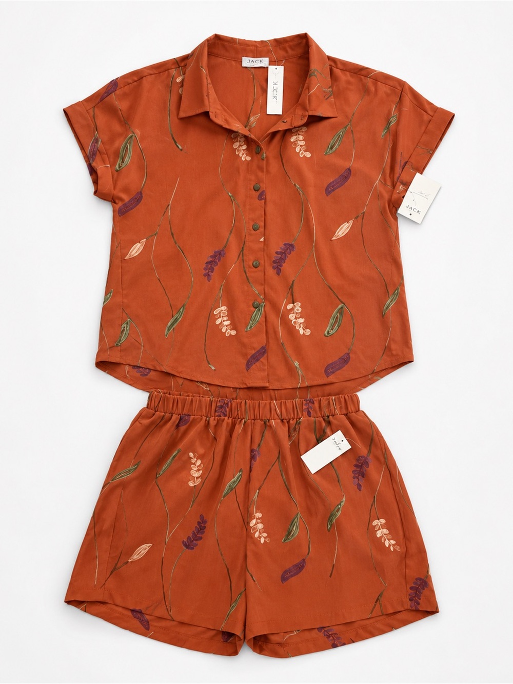 Sapphire Rust Orange Botanical Two Piece Shorts Set NWT
